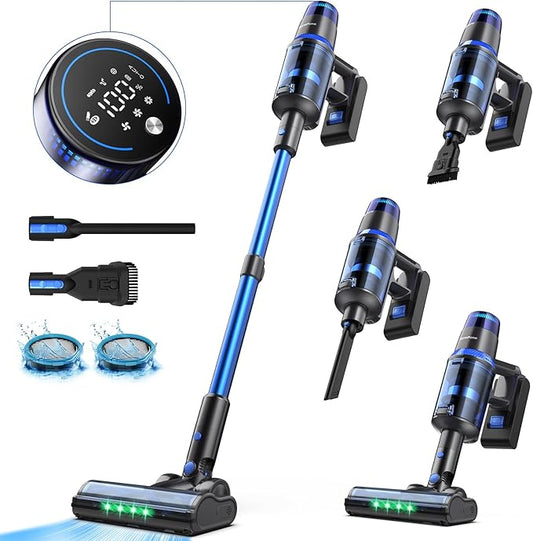 V25 Cordless Vacuum Cleaner, 680W 60Kpa Powerful Stick Vacuum with Dust Sensor, Digital Display, 4000mAh Rechargeable Battery up to 60Mins, Versatile for Pet Hair, Floor, Carpet (Royal)