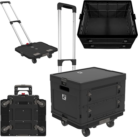 Wellmax WM99800BK Rolling Crate Cart with Wheels, Foldable Utility Cart for Teachers, Shopping, Office | Silent Wheels, Aluminum Handle, 132 lbs Capacity – Black