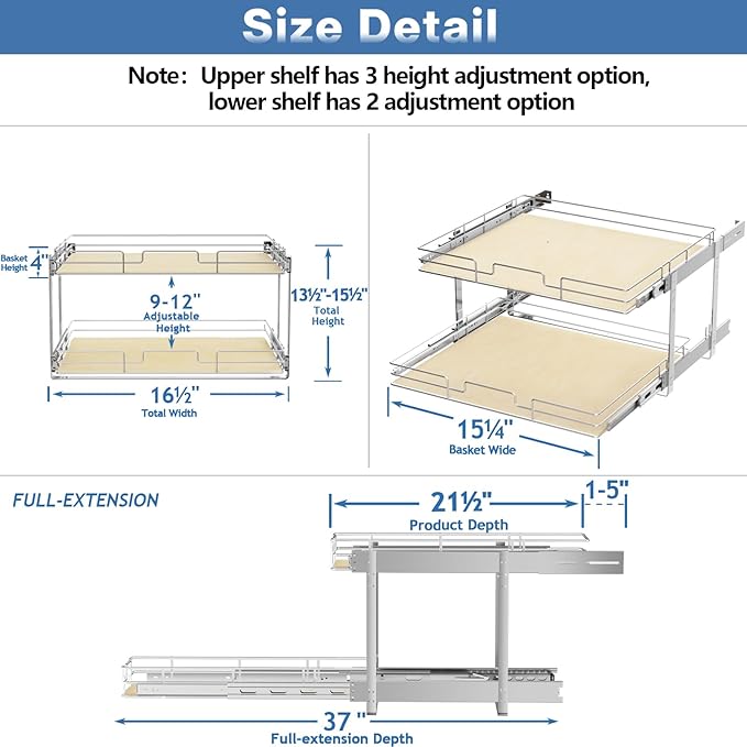 ROOMTEC 2 Tier Individual Pull Out Cabinet Organizer 16½"W x 21½"D, Slide Out Wood Shelves Organizers, Pull Out Drawers Organization and Storage for Kitchen Cabinet