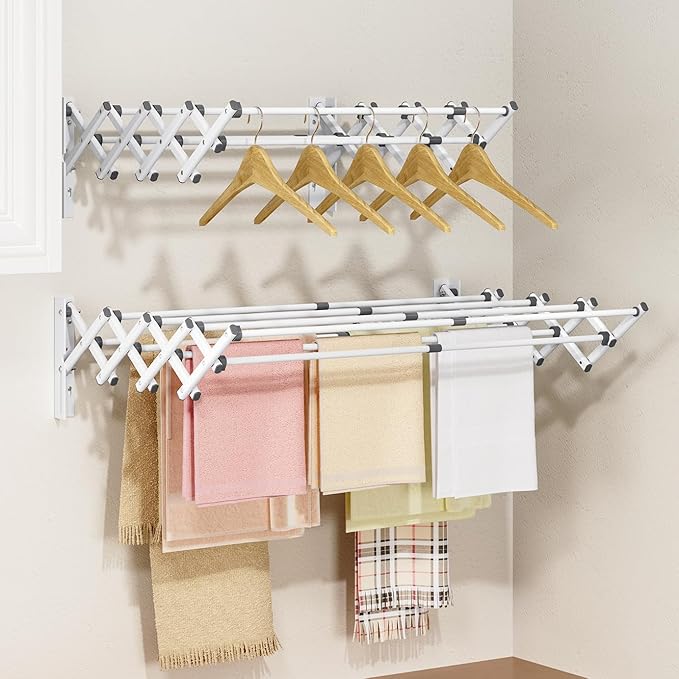 APEXCHASER Wall Mounted Clothes Drying Rack, Laundry Drying Rack Retractable, Towel Racks Wall Mounted for Bathroom Balcony Laundry Room Indoor, Foldable Accordion Dryer Rack for Clothing, White