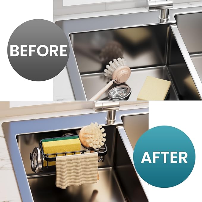 TAILI 4-in-1 Sponge Holder for Kitchen Sink with Strong Suction Cup Removable, Rustproof Aluminum Sink Caddy for Sponge, Brush, Scrubber, Scraper -Black