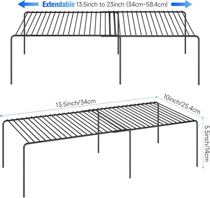 Expandable Storage Shelf, Pantry Organizers and Storage, Adjustable Rustproof Metal Wire Spice Rack, Space Saver Kitchen Storage Shelves for Pan, Pot, Countertop, Drawer, Fridge, Set of 4, Black