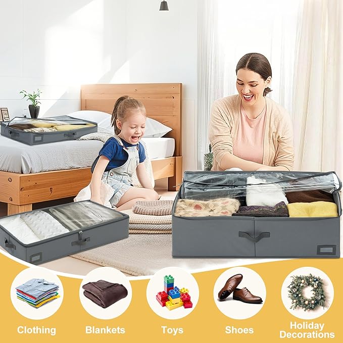 4-Inch Under Bed Storage Containers (2-Pack) | Sturdy Sidewalls | Clear Cover & Label Holder | Foldable Closet Organizer | Stores Clothing/Blankets/Sweaters/Sheets
