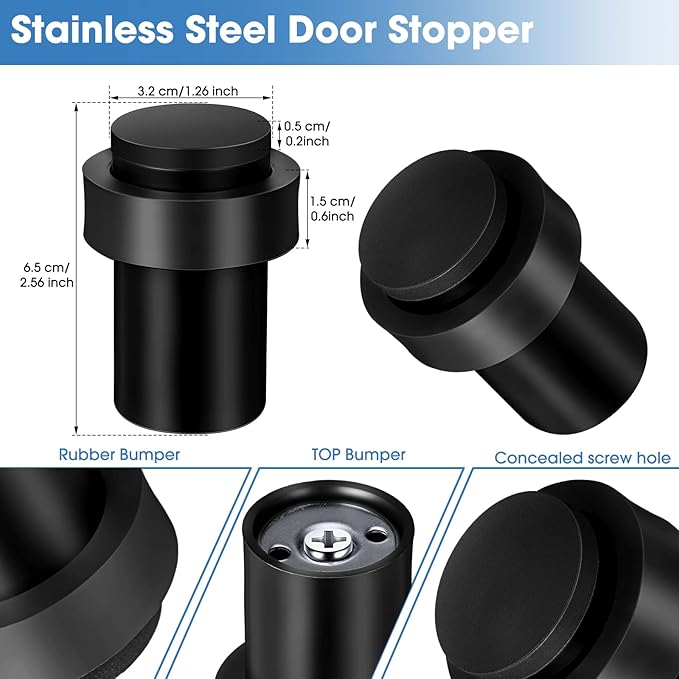 Chumia 6 Pcs Door Stopper Mounted Floor Stops Stainless Steel Cylindrical Stopper Modern Decorative Rubber Bumper Stops Holder Wall Protector for Bottom or Top of Door (Black)