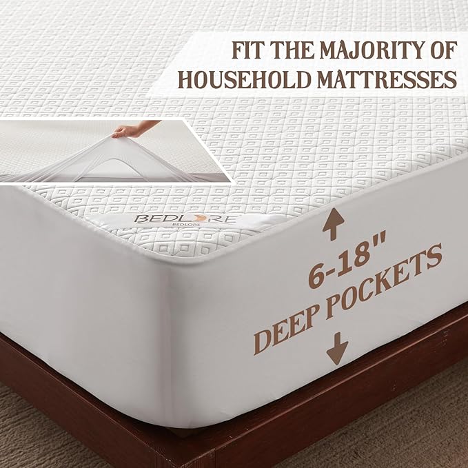 BEDLORE California King Mattress Protector, Waterproof Noiseless Mattress Cover with Deep Pocket for 6-18 inches Mattress, Soft Breathable Mattress Pad Machine Washable (White)