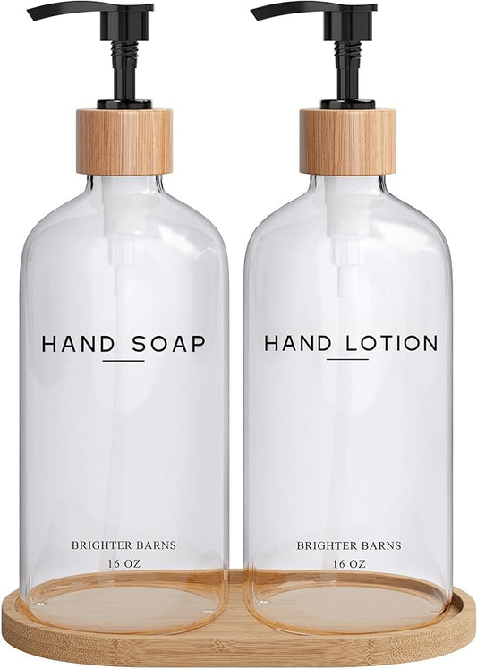 Clear Glass Soap and Lotion Dispenser Set with Tray by Brighter Barns - Hand Soap Dispenser Bathroom Set - Liquid Soap Dispenser and BPA-Free Pump - Neutral Home Decor & Modern Bathroom Accessories