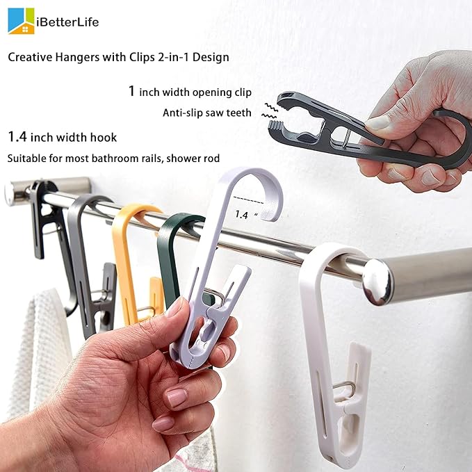iBetterLife Clothes Pins Heavy Duty Outdoor - 8Pcs Large Laundry Hook Hangers with Clips Closet Organizer Clamps Hanging Socks Boot Bras Towels Shower Pegs for Bathroom Wardrobe Kitchen Office