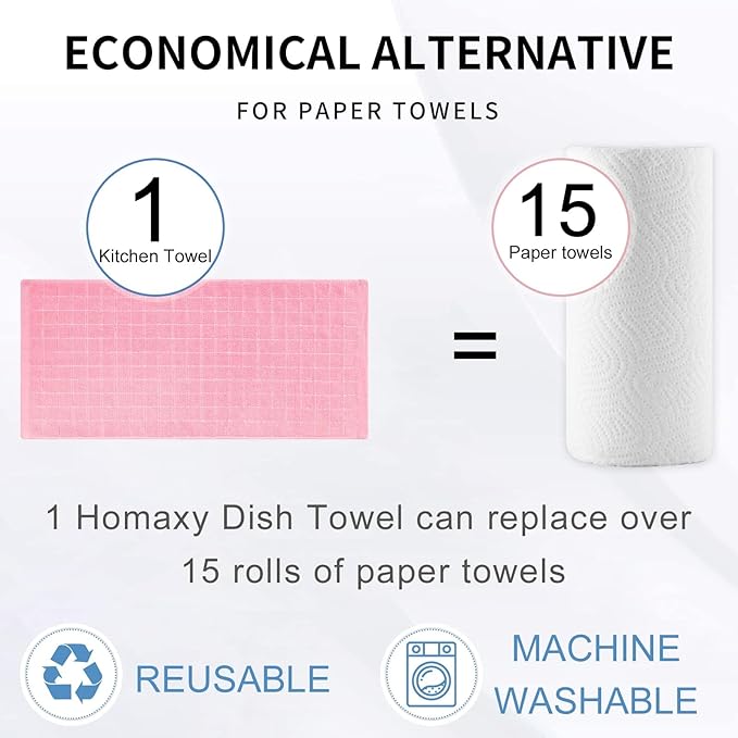 Homaxy 100% Cotton Terry Kitchen Towels(Pink, 13 x 28 inches), Checkered Designed, Soft and Super Absorbent Dish Towels, 12 Pack