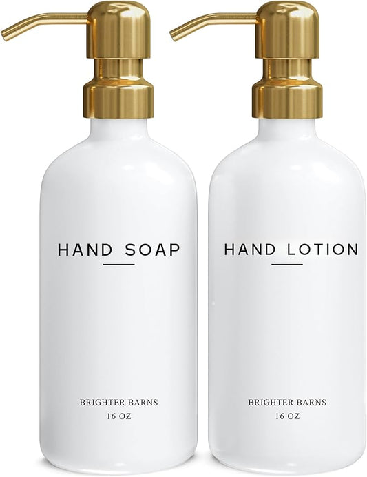 Luxury Glass Soap and Lotion Dispenser Set by Brighter Barns - Liquid Soap Dispenser Bathroom Set - White and Gold Bathroom Accessories for Vacation Rental, Airbnb, Hotel, Wedding Gift (Gold)