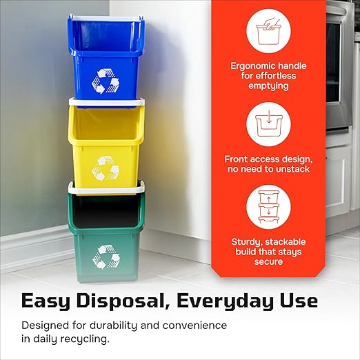 Multi Bin Recycling System with Three Stackable 6 Gallon Recycle Bins to Build Your Recycling Center for Offices, Kitchen, Garages, Businesses (3 Pack, Blue/Yellow/Red)