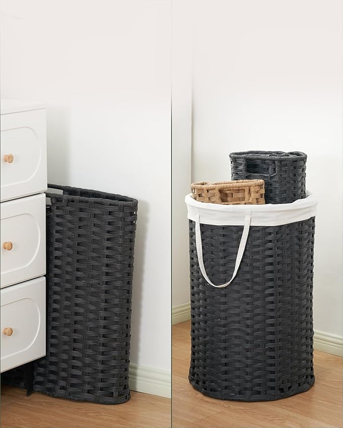 Laundry Hamper Laundry Basket Round 19.0 Gal (72 L) Handwoven Rattan Laundry Basket, Large Wicker Laundry Hamper with Removable Laundry Bag Handles 2 Mesh Bags for Bathroom Living Room Black