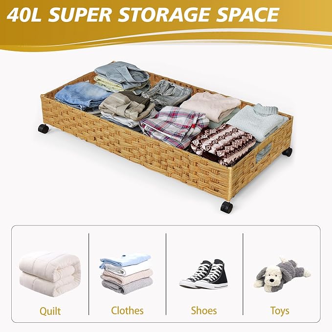 Under Bed Storage Containers with Wheels, 2 Pack 31.5in / 35L Handmade Rattan Underbed Organizer Drawer, Tool-free Assembly Rolling Under Bed Storage Bins for Shoes Clothes Toy Book