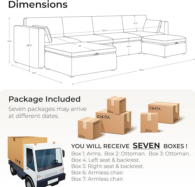 CHITA Terracotta 6-Seat U-Shaped Modular Sofa Set, Extra Large Sectional Couch with Reversible Chaise, 146 inch Width, Sofa with Storage Ottomans