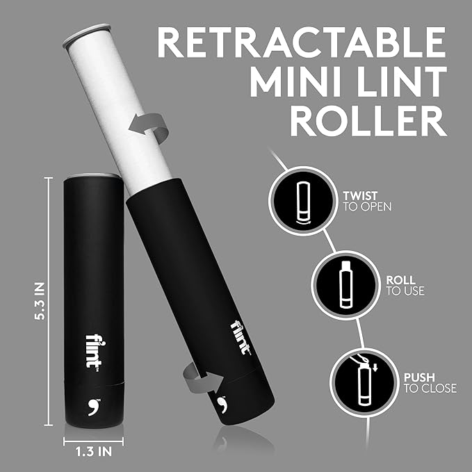 Flint Classic Black Retractable Mini Lint Roller with 90 Extra Sticky Sheets, Small and Portable Lint Roller, Ideal Pet Hair Remover, Travel Lint Rollers for pet Hair Extra Sticky