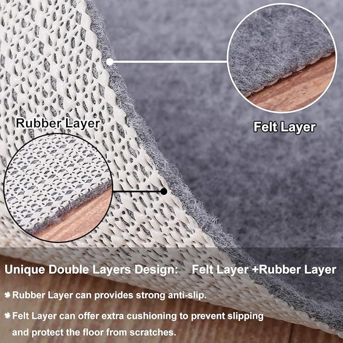 Non Slip Rug Pad Grippers - 10x14, 1/8" Thick, (Felt + Rubber) Double Layers Area Carpet Mat Tap, Provides Protection and Cushioning for Hardwood or Tile Floors