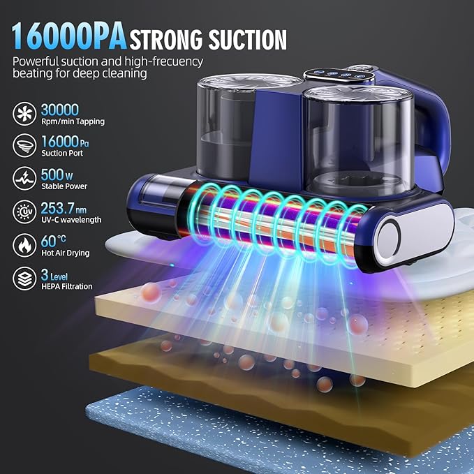 Mattress Vacuum Cleaner, 16Kpa Bed Vacuum Cleaner with 253.7nm UV-C Light & Heating & Ultrasonic Quintuple Tech & 30000 RPM/Min Brushroll Rotation, Widened Suction Port, 500W, Corded
