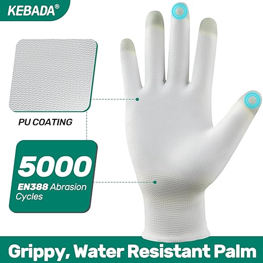 Kebada W1 Work Gloves for Men and Women, PU Coated Safety Gloves with Grip, Touchscreen, Ideal for Warehouse Package Handling, Construction, Gardening, White X-Large