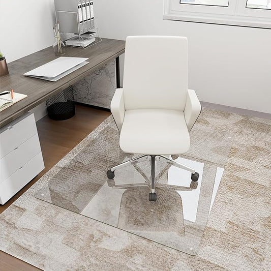 [Tempered Glass] 36" x 55" Glass Chair Mat, Heavy Duty Hard Floor Mat with Round Corner and Polished Edge, Office Chair Mat for Carpet Office Home Hardwood Floor Desk