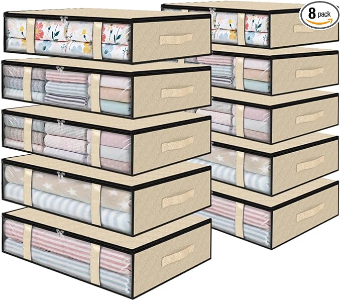 StorageRight Under Bed Storage Bins, 8-Pack 40L Foldable Fabric Storage Bags with Transparent Window, Breathable Organizer for Clothes/Blanket/Comforter/Quilts,Beige