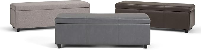 SIMPLIHOME Avalon 48 inch Wide Contemporary Rectangle Storage Ottoman Bench in Stone Grey Vegan Faux Leather, Assembled, For the Living Room, Entryway and Family Room