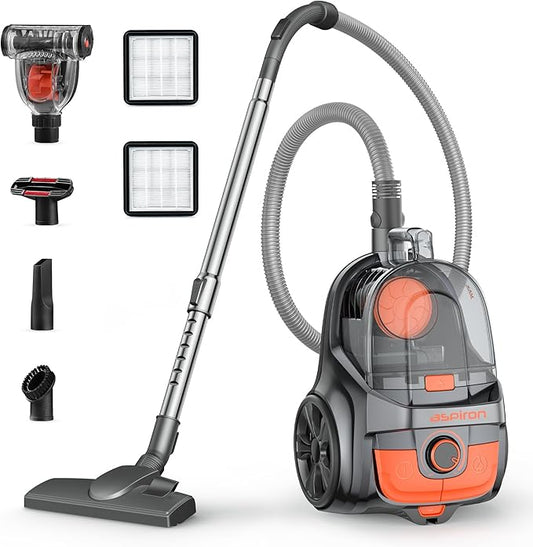 Aspiron Canister Vacuum, Upgraded 1600W Bagless Canister Vacuum Cleaner, Auto Cord Rewind, H13 HEPA Filter, 3.7Qt Large Capacity, 5 Tools for Hard Floors, Carpet, Pet, Upholstery, Tiles, Persimmon