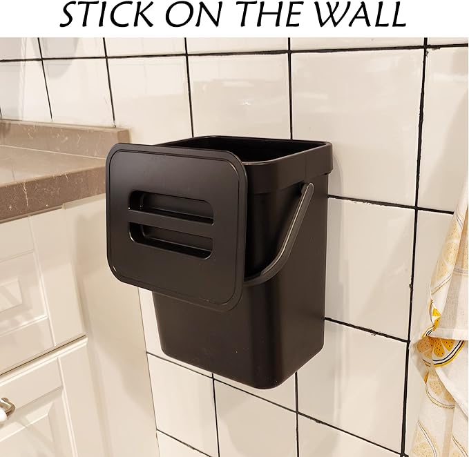 stonespace Kitchen Compost Bin for Countertop, Hanging Small Trash Can with Lid Under Sink for Kitchen Bathroom, Mountable Compost Bucket, Black