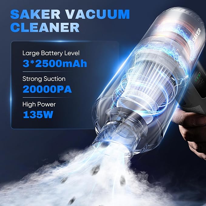 Saker Car Vacuum Portable Cordless 20000Pa Suction Power 4 in 1 Handheld Vacuum&Air Duster with LED Light Type-C Charge Portable Mini Vacuums for Car, Home, Office, Pet HL157 Silver
