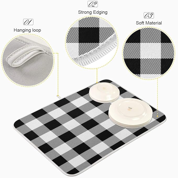 White and Black Buffalo Plaid Dish Drying Mat 18x24 for Kitchen Classic Buffalo Check Dishes Pad Dish Drainer Rack Mats Absorbent Fast Dry Kitchen Accessories