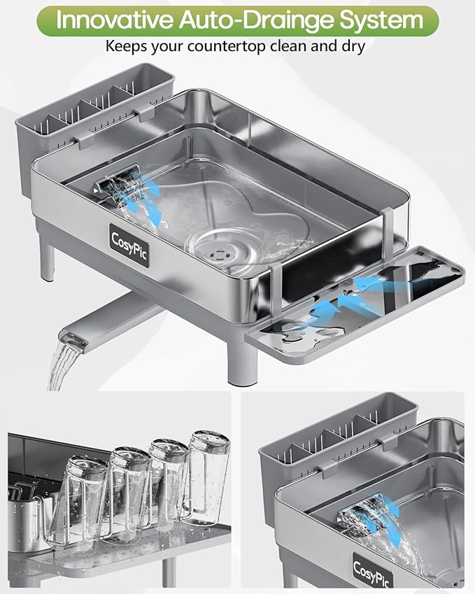 Dish Racks, Thicker Premium 304 Stainless Steel Dish Drying Rack for Kitchen Counter, Automatic Drainage Spout, Dish Drainer & Drainboard Set with Utensil Holder and Cup Holder, Grey