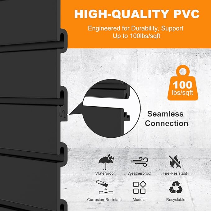DoCred Slatwall Paneling Organizer, 4x7.5 FT PVC Garage Slat Wall Storage Systems, Heavy Duty Mounted Slat Peg Board for Tool Organization Ladder Bike Includes 27 PCS Hooks Accessories Kit (Black)