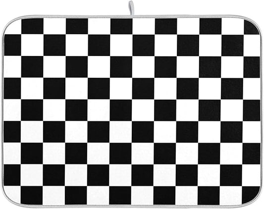 Black White Chessboard Dish Drying Mat for Kitchen Countertop 18x24 Plaid Checkered Rectangle Large Drying Mat Reusable Quick Dry Dish Sink Absorbent Mats Easy Clean Decorative Home Essentials