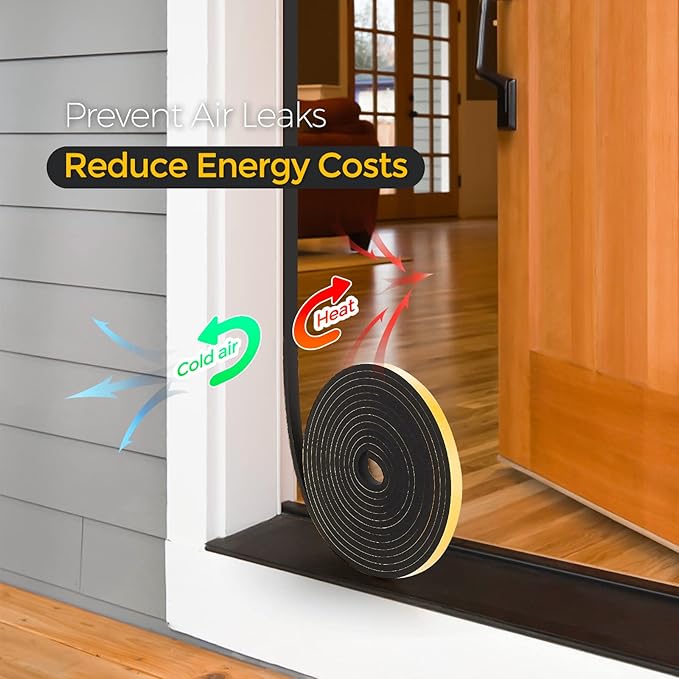 60 Feet Weather Stripping Door Seal, 1/4" Wide X 1/8" Thick Door Seal Strip High Density Foam Tape Adhesive Strip for Door Soundproofing,Window Insulation (1/4" x 1/8" x 60FT,Black)