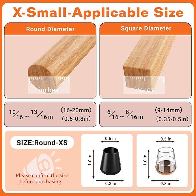 Chair Leg Floor Protectors Extra Small 24 Pcs,Silicone Chair Leg Protectors for Hardwood Floors/Tiles,360°Wrapped Felt Bottom to Prevent Scratch and Reduce Noise, Round Black