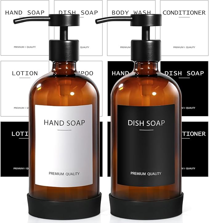 Amber Glass Soap Dispenser 2 Pack, Hand Soap Dispenser Bathroom with Stainless Steel Pump, 16.9 Fl oz Hand and Dish Soap Dispensers Set Kitchen, Modern Brown Soap Lotion Dispensers Bottle