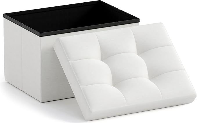 Ornavo Home Small Storage Ottoman Foldable Collapsible Rectangle Linen Ottoman Foot Rest Stool Seat, for Living Room, Bedroom, Home Office, Dorm - 12 x 16 x 12, White