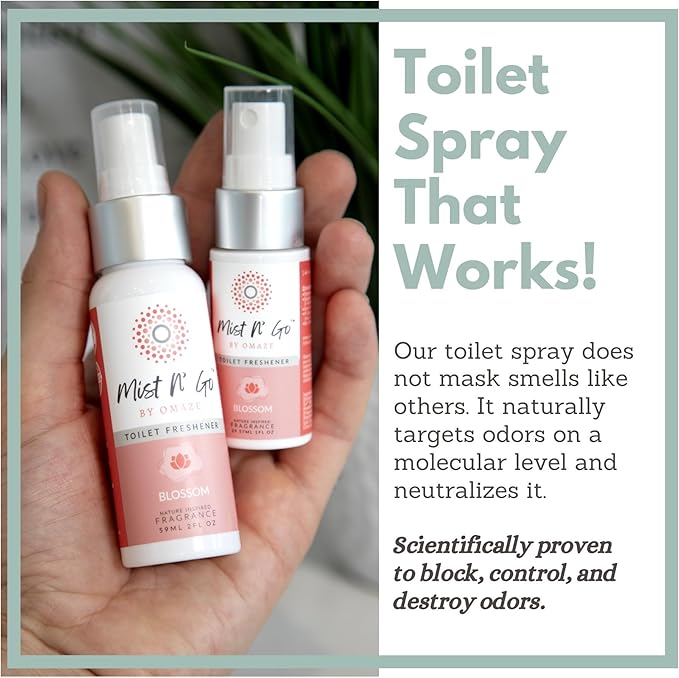 Mist N’ Go by Omaze Travel Bathroom Spray for Toilet Spray Odor Eliminator - Travel Toilet Spray for Bathroom Air Freshener Spray for Bathroom Deodorizer - Blossom Travel Size (1oz x5)