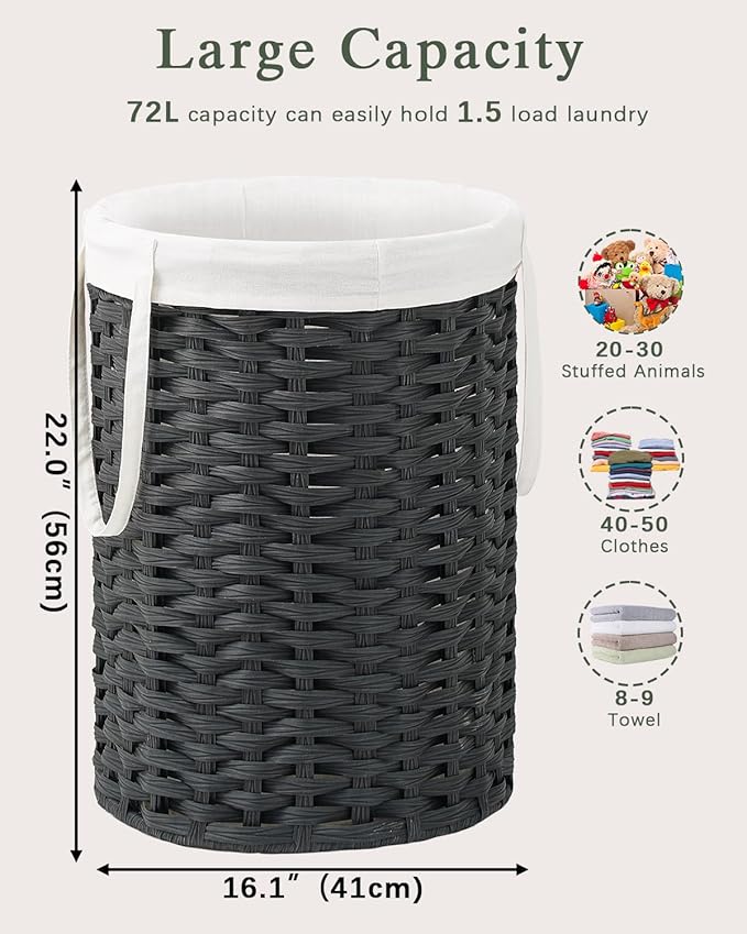 Laundry Hamper Laundry Basket Round 19.0 Gal (72 L) Handwoven Rattan Laundry Basket, Large Wicker Laundry Hamper with Removable Laundry Bag Handles 2 Mesh Bags for Bathroom Living Room Black