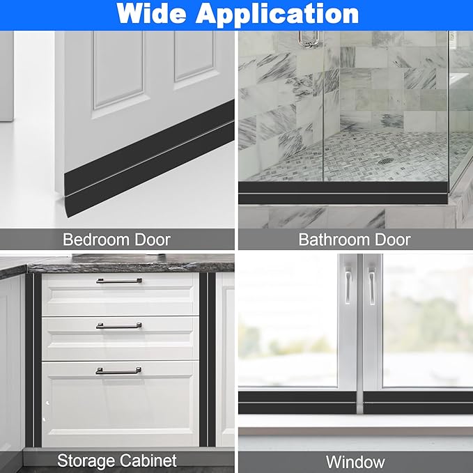 ToLanbbt Weather Stripping Silicone Door Seal Strip 3 in x 20 ft Door Draft Stopper Self Adhesive Tape, Side & Bottom Gaps Insulation Strip for Glass Shower Sliding Window, Black