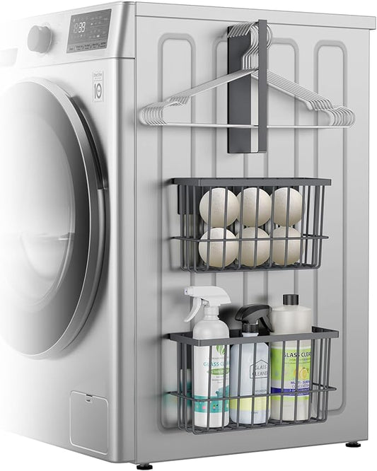 Magnetic Dryer Ball Holder and Magnetic Hanger Holder for Laundry Room Organization and Storage, Magnetic Lint Bin for Laundry Room, Iron Basket Dryer Ball Container for Laundry Room Storage (Gray)