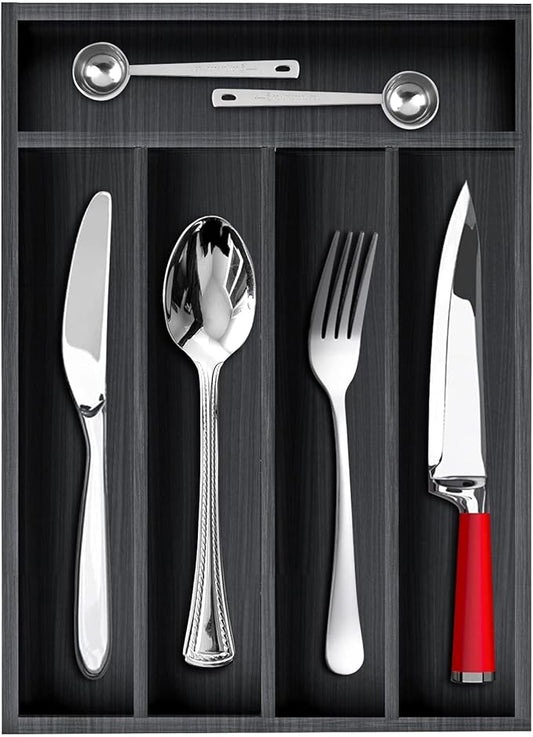 Small Kitchen Utensil Organizer Wooden Cutlery Tray Narrow Wood Silverware Holder Drawer Divider Flatware Organizer Storage Silverware Utensils Tray Black Bamboo Spoon Cutlery Organizer for Drawer