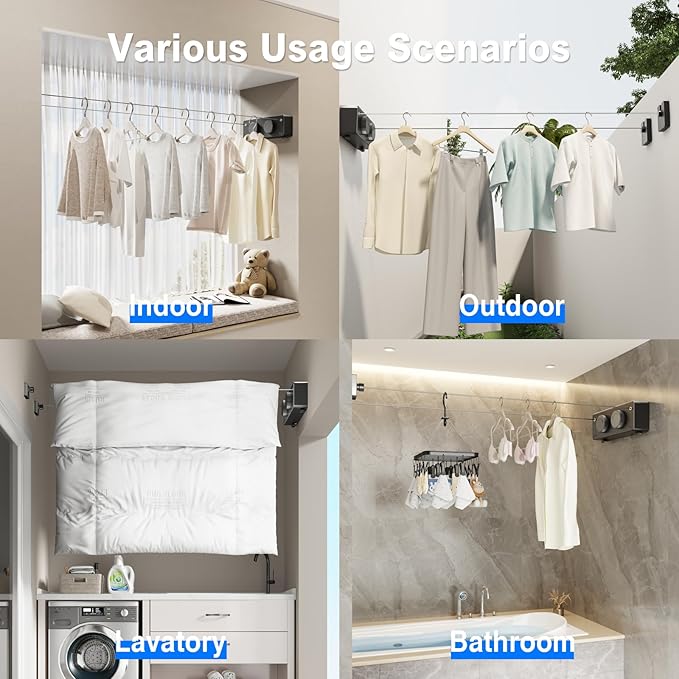 Retractable Twin Clothesline Indoor, Non-Sagging Outdoor Clothes Line Retracting Heavy Duty Clothes Drying Laundry Line Wall Mounted Stainless Steel Line-13.8Feets(Double Line-Black)