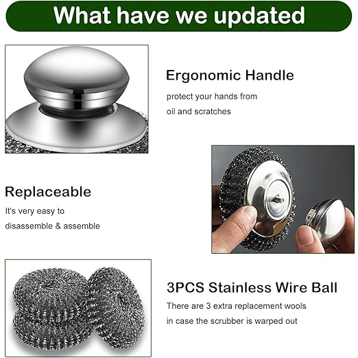 Steel Wool Scrubber with 2 Handles & 3 Replacement Wire Sponge(Scouring Pads) - Stainless Metal Cleaner Heavy Duty Brush for Pots, Pans, Cast Iron, Grill, Sink, Dishes, Stove, Kitchen Deep Clean