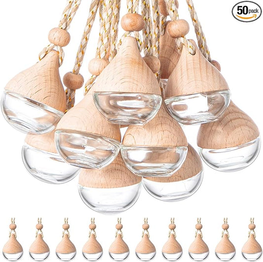 BBTO 50 Pcs Hanging Car Air Freshener Car Diffuser Bottles Empty Glass Perfume Bottle Freshener Diffuser Bottle Pendant for Essential Oil Fragrance Aromatherapy Bottle Ornament(Water Drop)