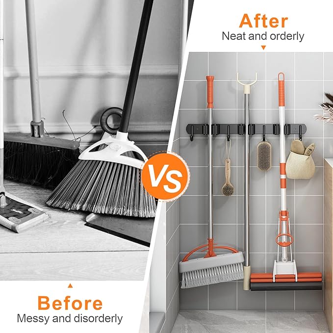 2 Pack Mop and Broom Holder Wall Mount, Non-slip Broom Hanger Wall Mount, Heavy Duty Mop Broom Organizer for Kitchen Garden Garage Laundry Room Wall Decor Organization and Storage Black 3R4H