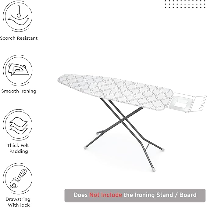 Encasa XO Ironing Board Cover and Pad 42"x14" - Thick 3mm Felt Padding, Drawstring Tightening & Lock, Easy Fit, Scorch & Stain Resistant, Fits Medium Ironing Board - White Tiles