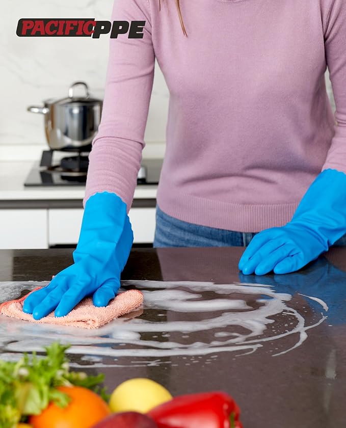 PACIFIC Cleaning Gloves with Latex free, Dishwashing Kitchen Gloves with Cotton Flocked Liner, Reusable, Non-Slip, Water Resistant Household Gloves, Blue, Large