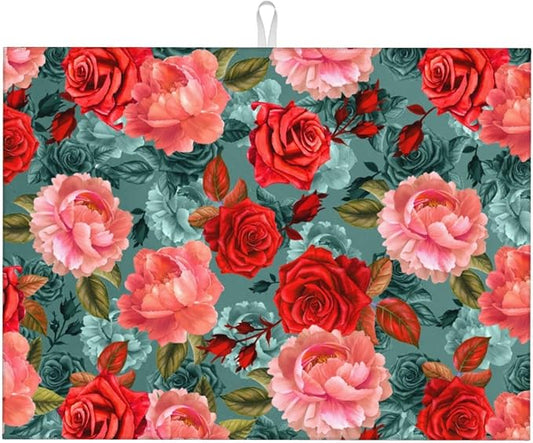 Floral Boho flowers Dish Drying Mat For Kitchen Counter 18 X 24 Inch Absorbent Dish Mat Reversible Drainer Drying Kitchen Mat