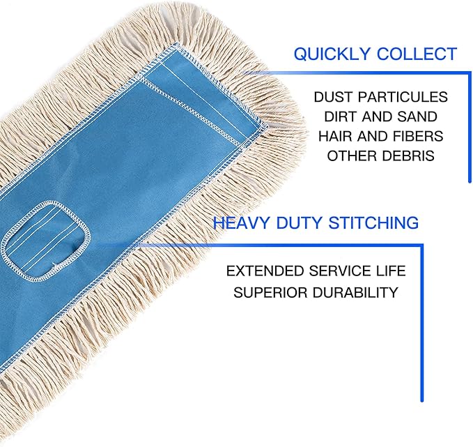 Matthew Cleaning 36'' Industrial Strength Cotton Dust Mop Refill Washable Replacement Heads for Residential & Commercial Use Fit Standard Dust Mop Frames, Hardwood, Concrete Floors Blue&White 1 Pack