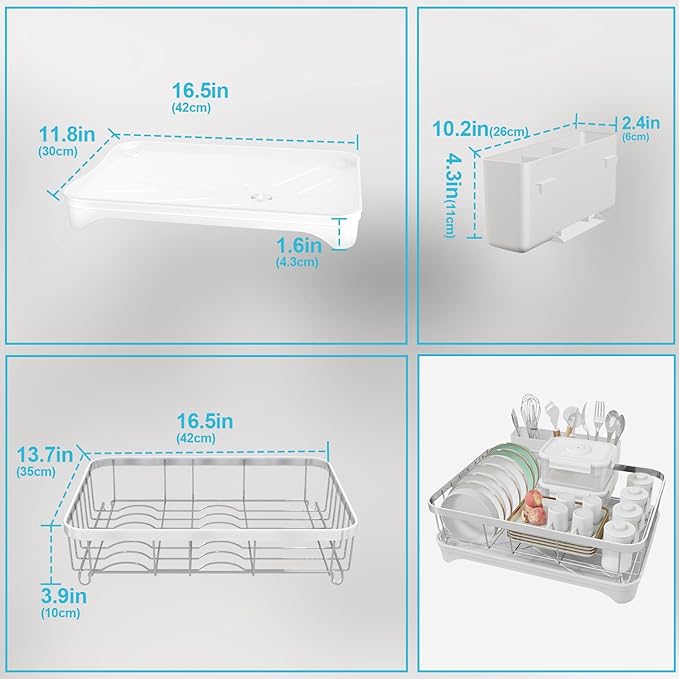 Dish Drying Rack 304 Stainless Steel Dish Racks,Adjustable Spout Auto-Draining Dish Drainers for Kitchen Counter, Large Capacity Dish Rack for Bowls, Cups, White