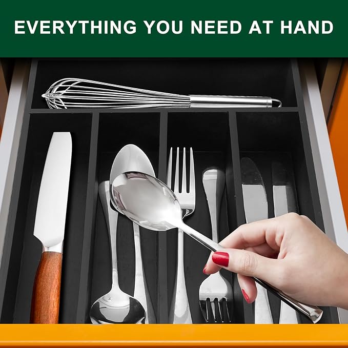 Small Silverware Organizer Utensil Tray 13"x9" Kitchen Drawer Organizers and Storage Wooden Utensil Holder Drawers Divider Narrow Black Cutlery Tray for Spoon Forks Bamboo Flatware Cutlery Organizer